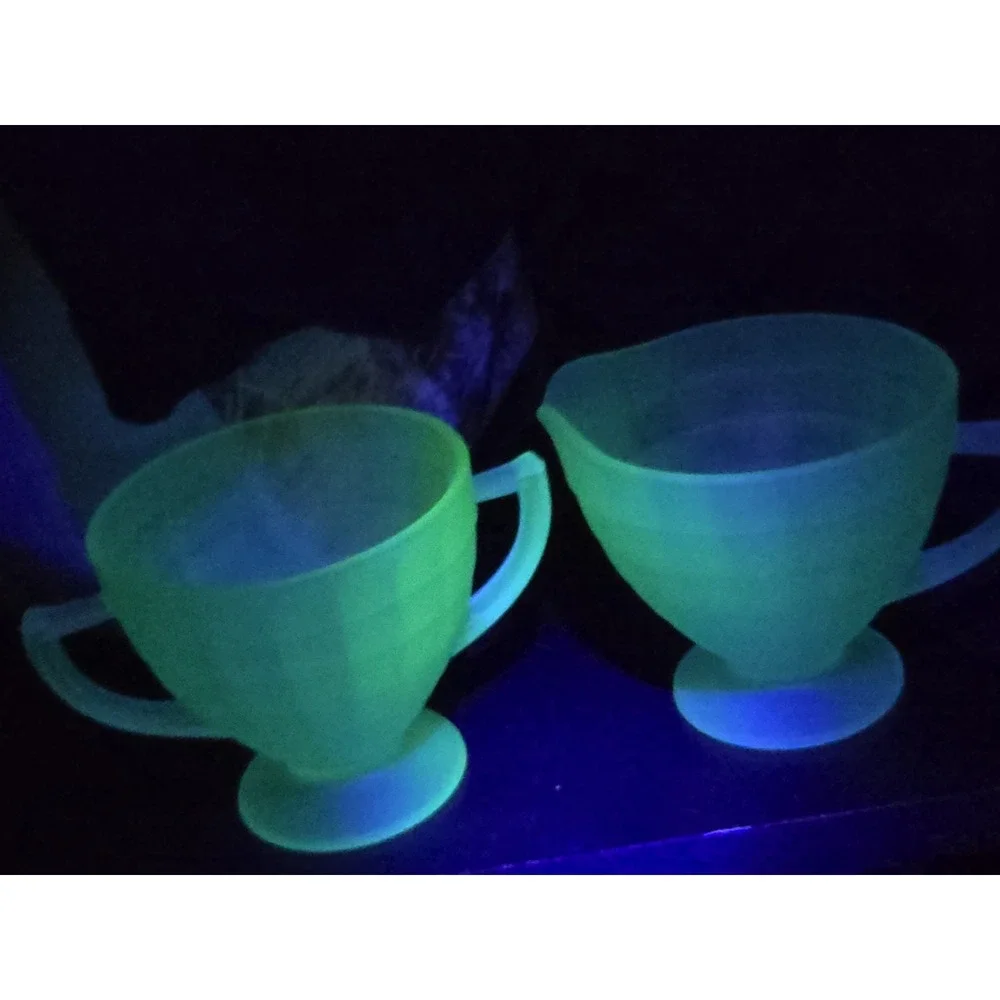 Uranium Glass Green Cups Attributed‎ to Hocking 3 Inch UV Glow Set of 2